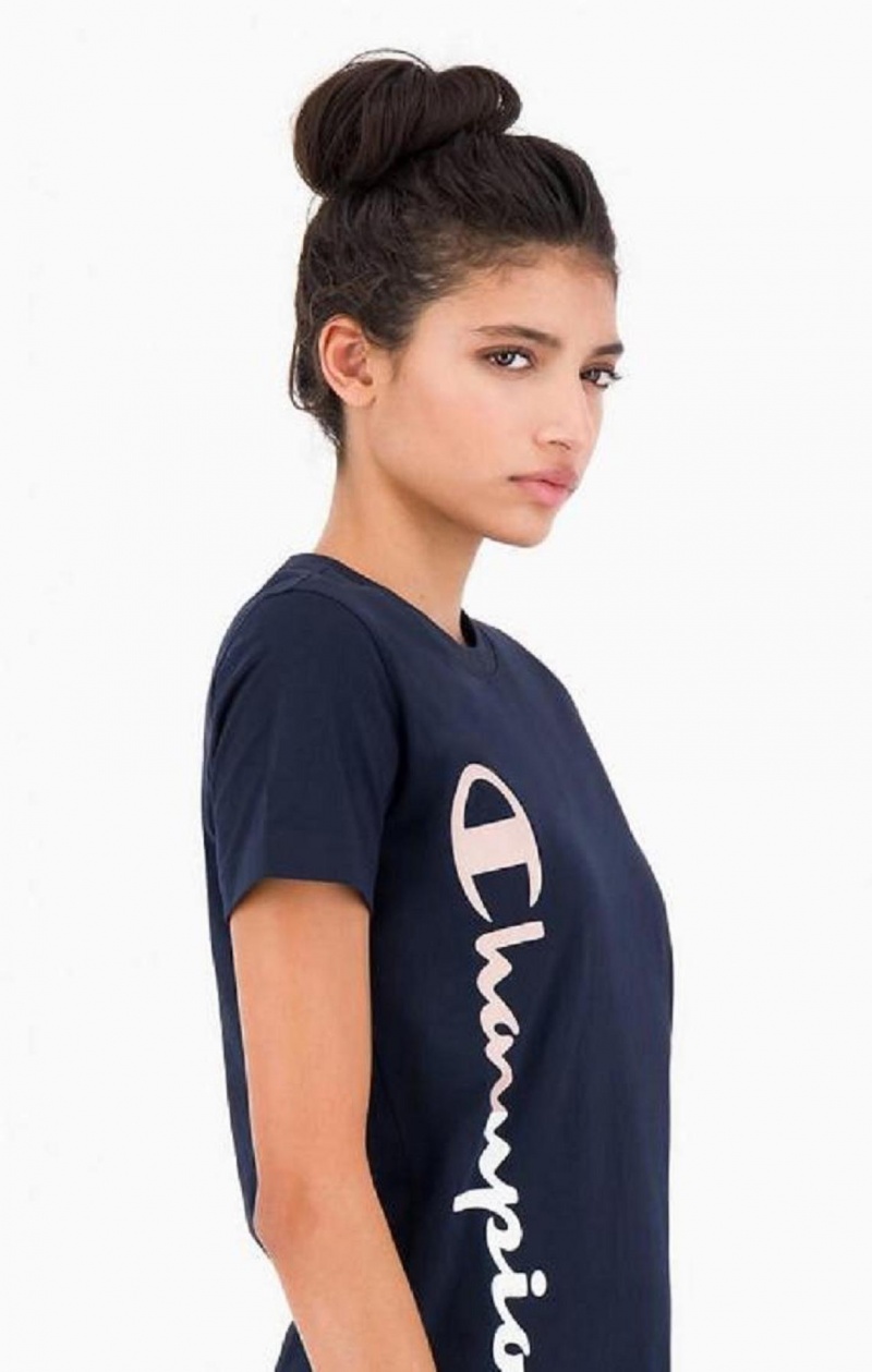 T Shirts Champion Vertical Logo Jersey T-Shirt Femme Bleu Foncé | 9287-VYZBO