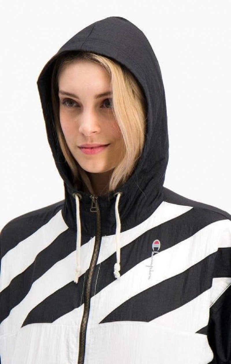 Vestes Champion Diagonal Stripe Encapuchonné Rain Jacket Femme Noir Blanche | 0367-ODBHT