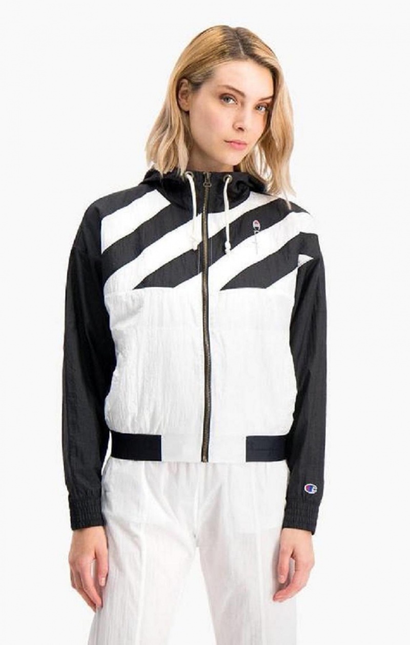 Vestes Champion Diagonal Stripe Encapuchonné Rain Jacket Femme Noir Blanche | 0367-ODBHT