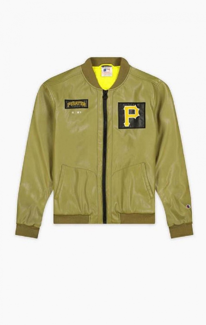 Vestes Champion Pittsburgh MLB Fake Cuir Bomber Jacket Homme Vert Olive Vert | 9045-ZJTLY