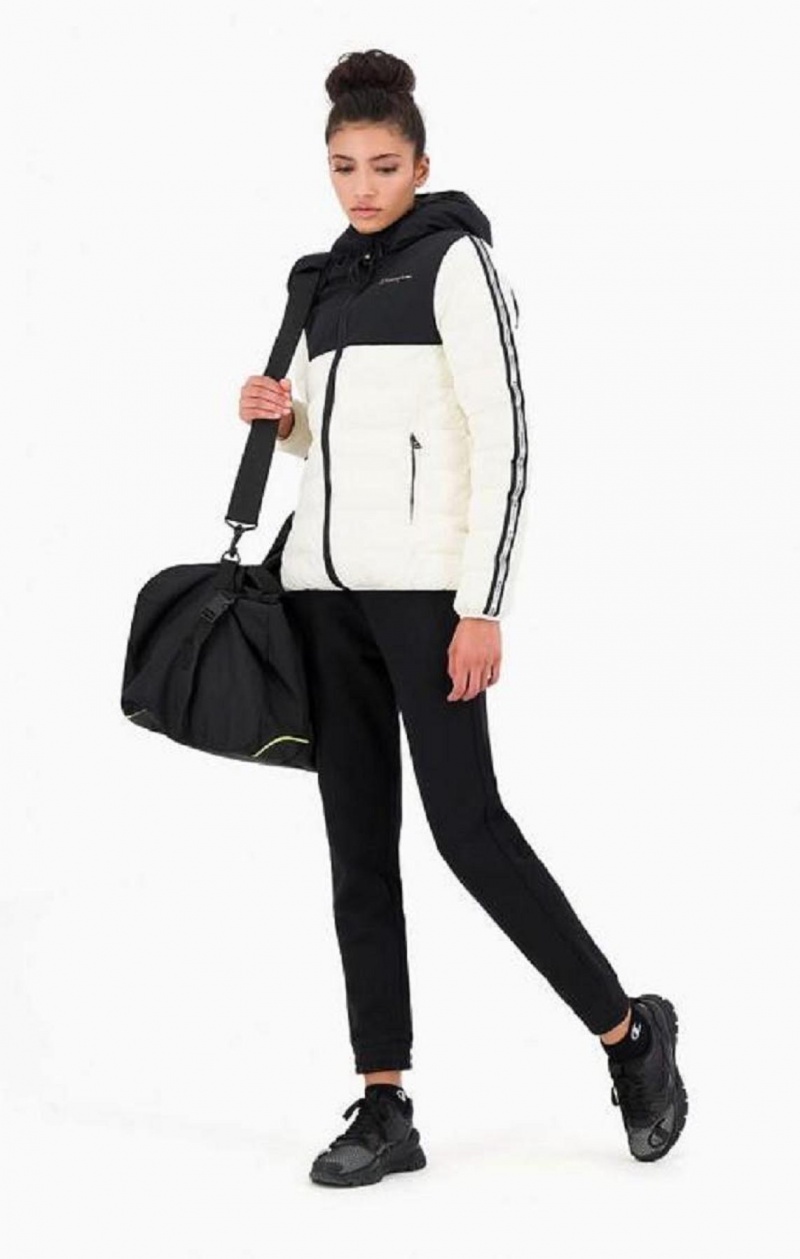 Vestes Champion Reflective Logo Rembourré Encapuchonné Jacket Femme Blanche Noir | 9681-GFQRN