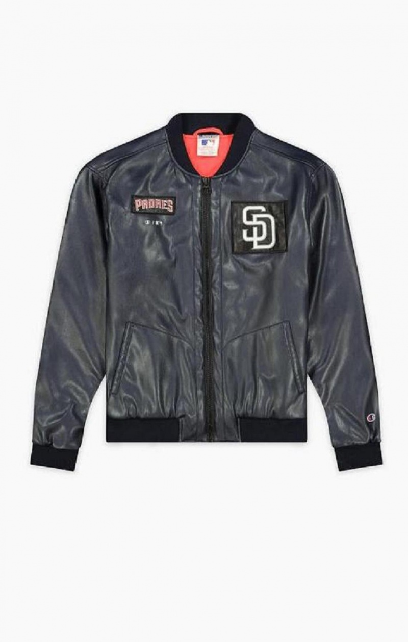 Vestes Champion San Diego MLB Fake Cuir Bomber Jacket Homme Bleu Foncé | 7306-XUKRH