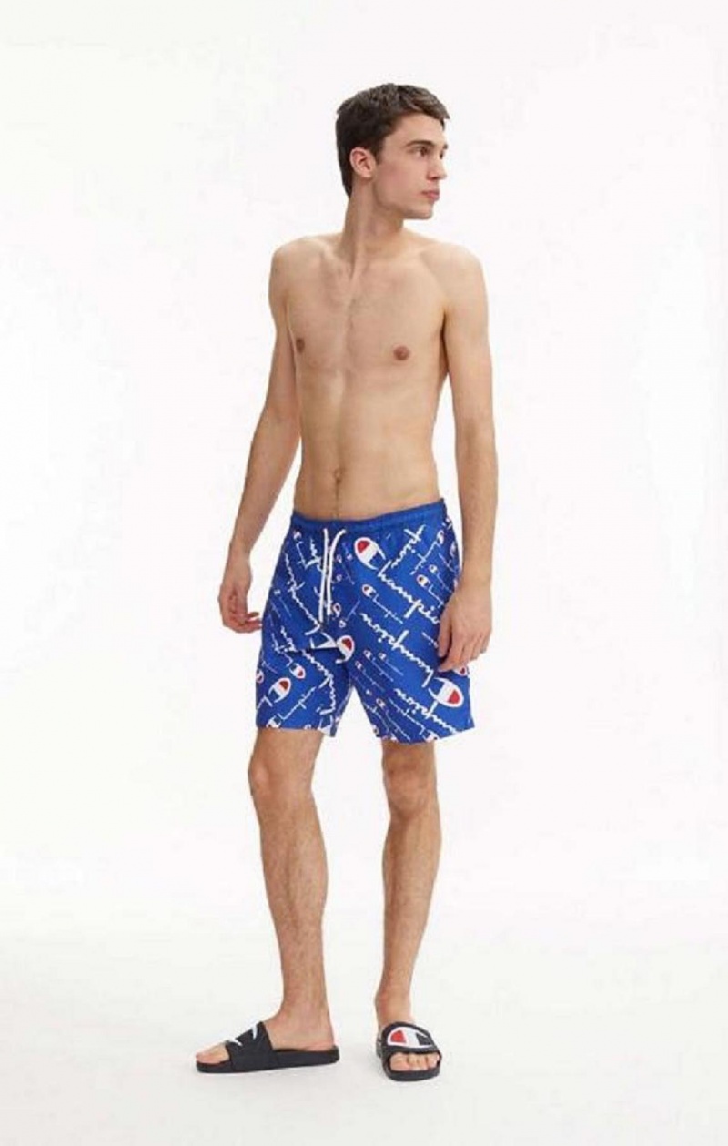 Vetement de Bain Champion All-over Script Logo Print Board Shorts Homme Bleu | 6527-IWXTH