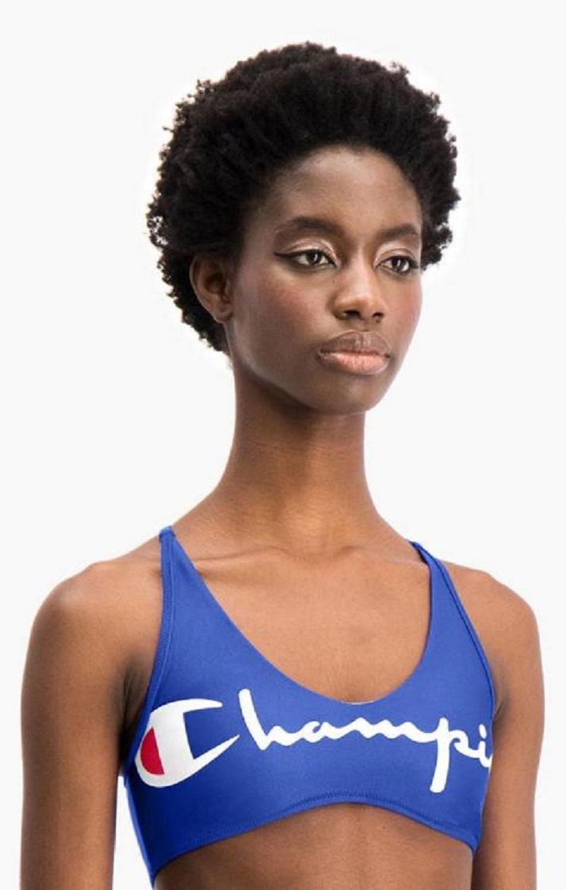 Vetement de Bain Champion Cross Back V Neck Script Logo Bikini Top Femme Bleu | 9461-GZFVW