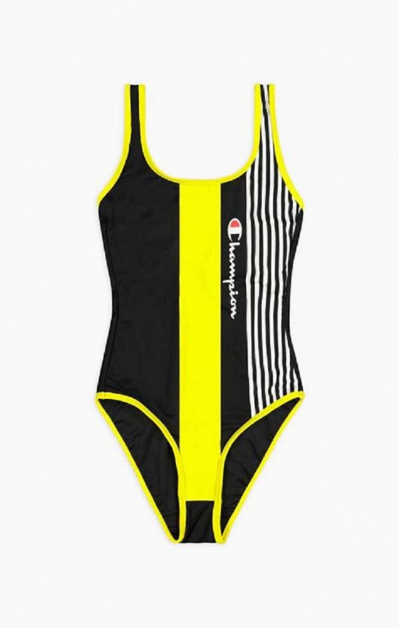 Vetement de Bain Champion Graphique Stripe Logo Scoop Back Swimsuit Femme Noir | 9012-ZSHGT