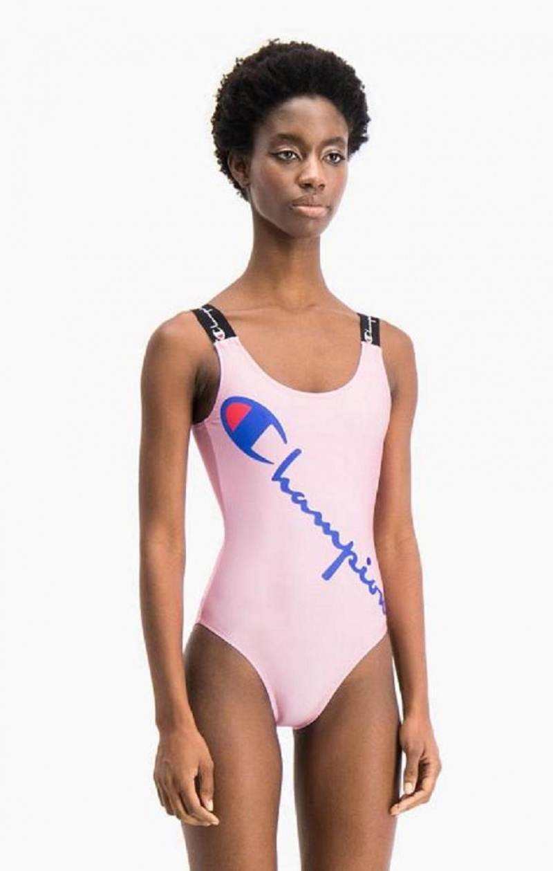 Vetement de Bain Champion Logo Straps Diagonal Script Logo Swimsuit Femme Rose | 2189-WGCHU