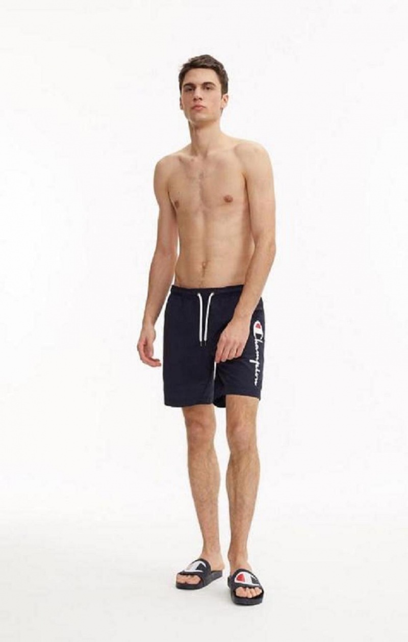 Vetement de Bain Champion Script Logo Print Board Shorts Homme Bleu Foncé | 3740-VFJUL